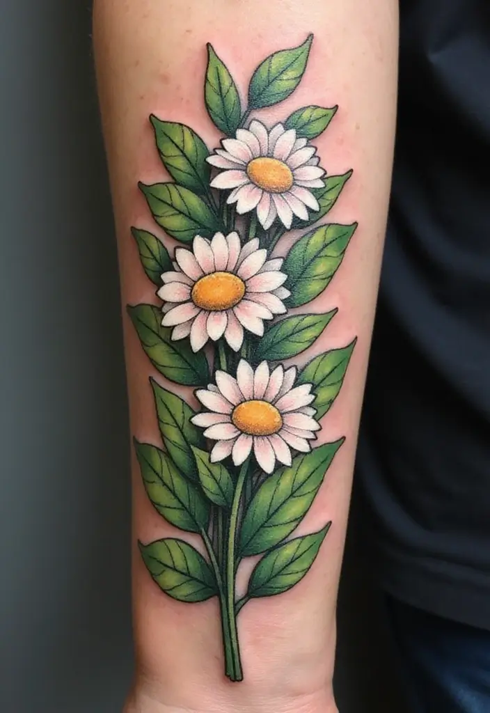 30 Colorful Daisy Tattoo Inspirations Full of Joy - 17. Daisies Framed by Leaves