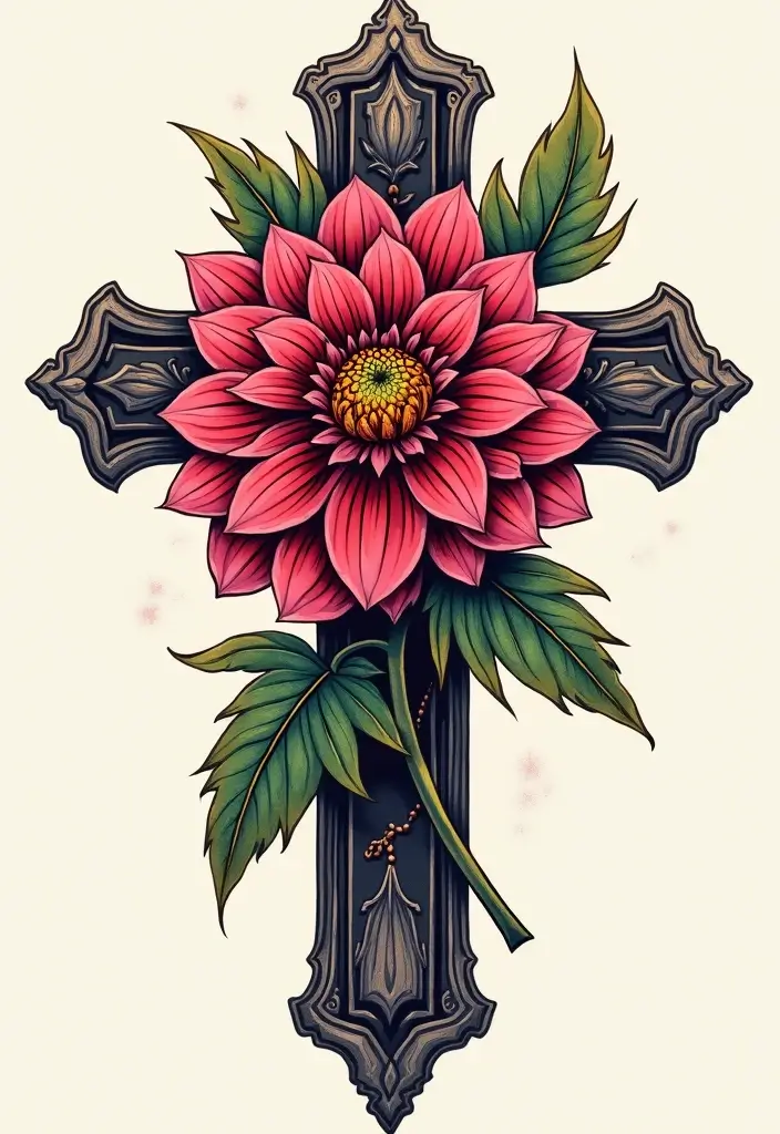 30 Cross with Flowers Tattoo Ideas That Blend Faith and Beauty - 17. Dahlia Cross Tattoo