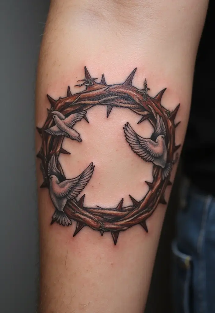 30 Crown of Thorns Bicep Tattoo Inspirations You’ll Admire - 17. Spiritual Elements