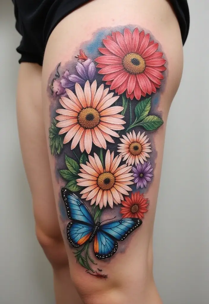 30 Daisy April Birth Flower Tattoo Designs You’ll Love - 17. Daisies with Butterfly