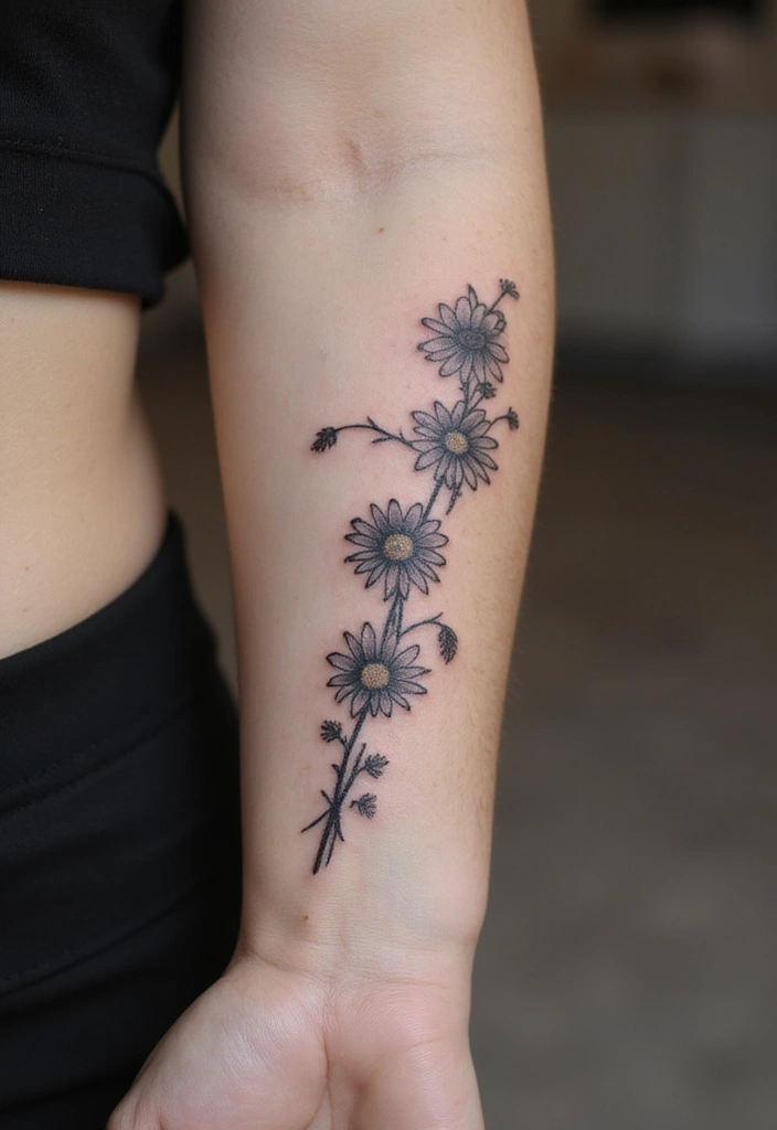 30 Daisy Chain Tattoo Inspirations for a Delicate Look - 17. Exquisite Black and Grey Daisies
