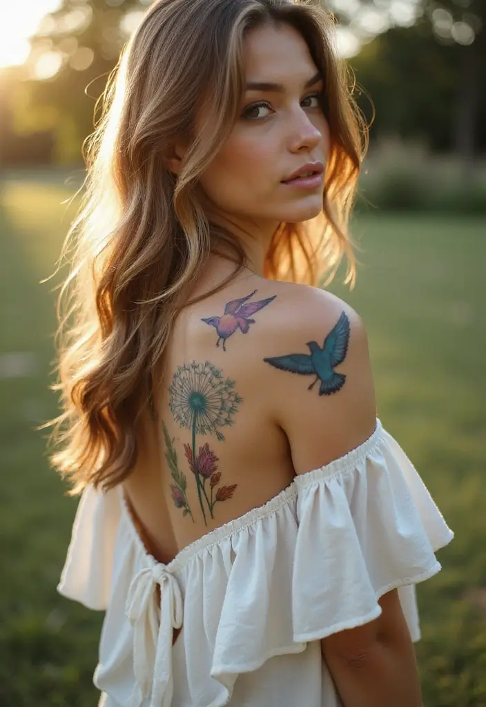 30 Dandelion Tattoo on Shoulder Ideas That Inspire Freedom - 17. Dandelion with Birds