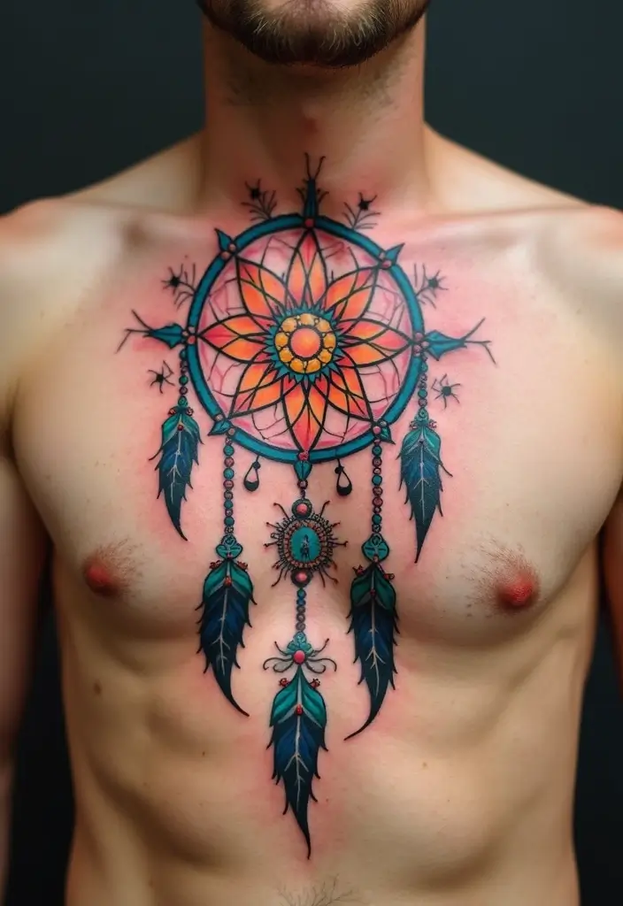 30 Dream Catcher Tattoo Ideas for Men with Protective Energy - 17. Dream Catcher and Sun