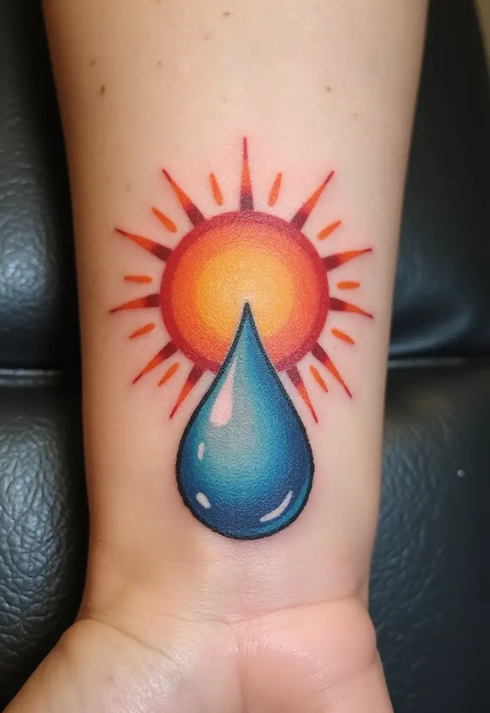 30 Empty Teardrop Tattoo Meaning and Design Ideas - 17. Teardrop with Sun