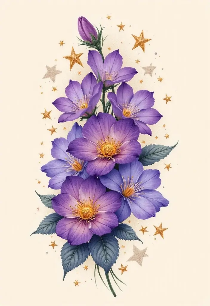 30 February Flower Tattoo Ideas with Birth Month Beauty - 17. Violets with Stars