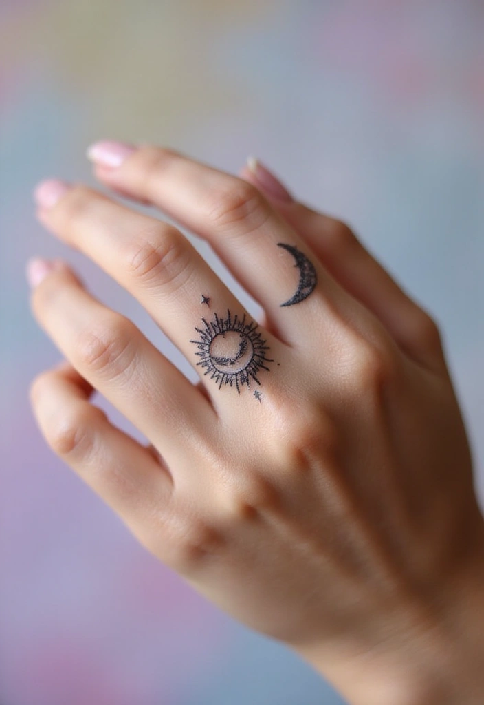 30 Finger Tattoo Ideas for Females That Look Stylish - 17. Sun and Moon