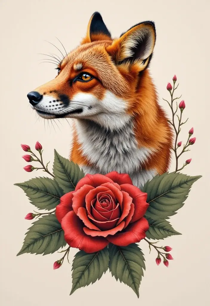 30 Fox Tattoos for Women That Highlight Feminine Energy - 17. Fox and Rose Tattoo