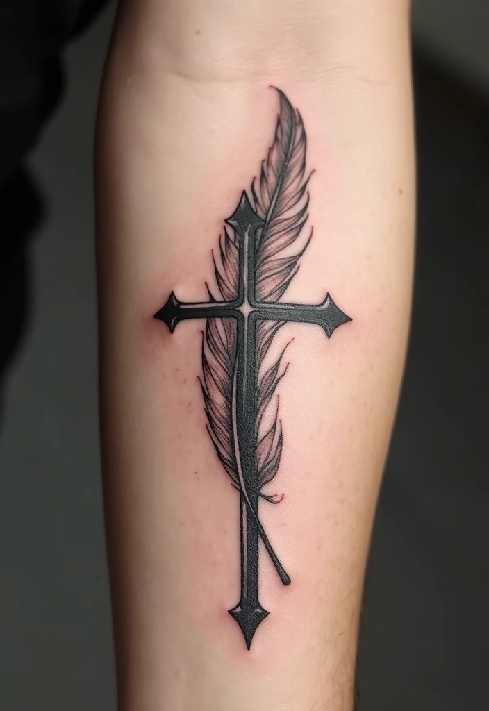 30 Hand Cross Tattoos That Blend Faith and Style - 17. Cross with Feather