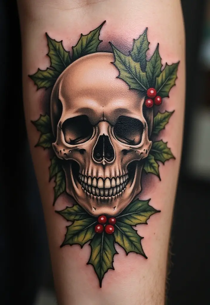 30 Holly Tattoo Meaning and Creative Design Ideas - 17. Holly Skull Tattoo
