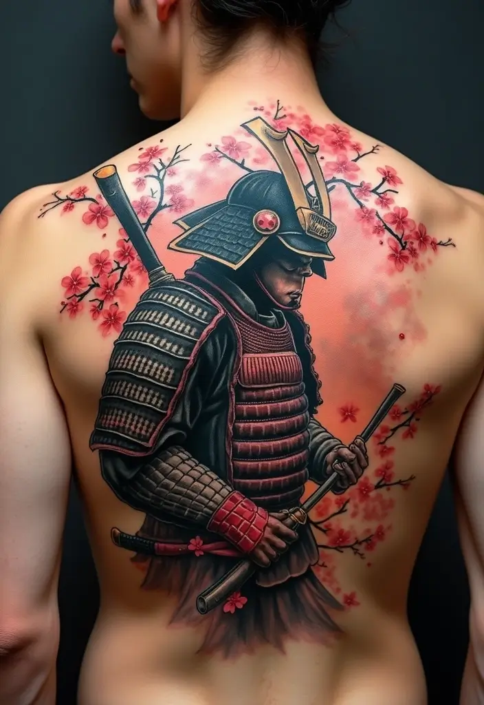 30 Irezumi Tattoo Designs Showcasing Traditional Japanese Art - 17. Samurai and Cherry Blossoms: Strength and Beauty