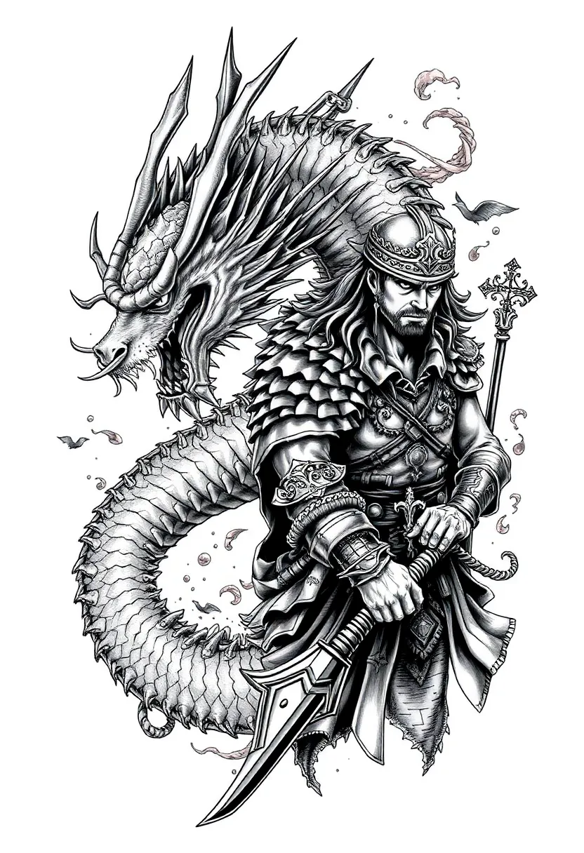 30 Japanese Dragon Tattoos That Showcase Power and Elegance - 17. The Dynamic Duo: Dragon and Warrior