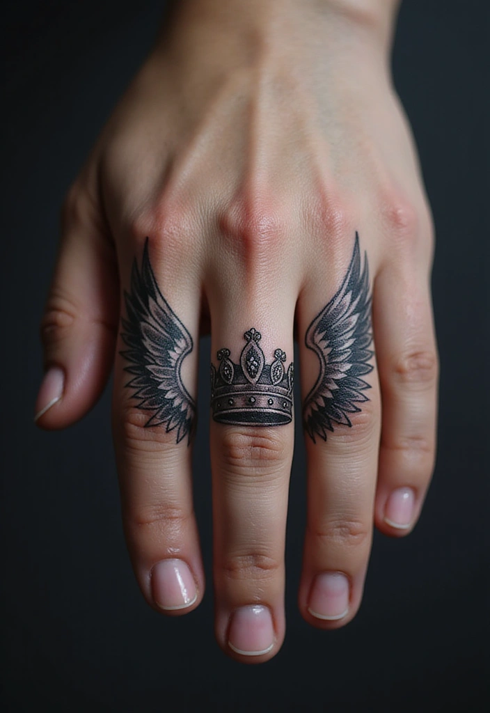 30 King and Queen Tattoos Finger Designs for Couples - 17. Crown with Wings Tattoo