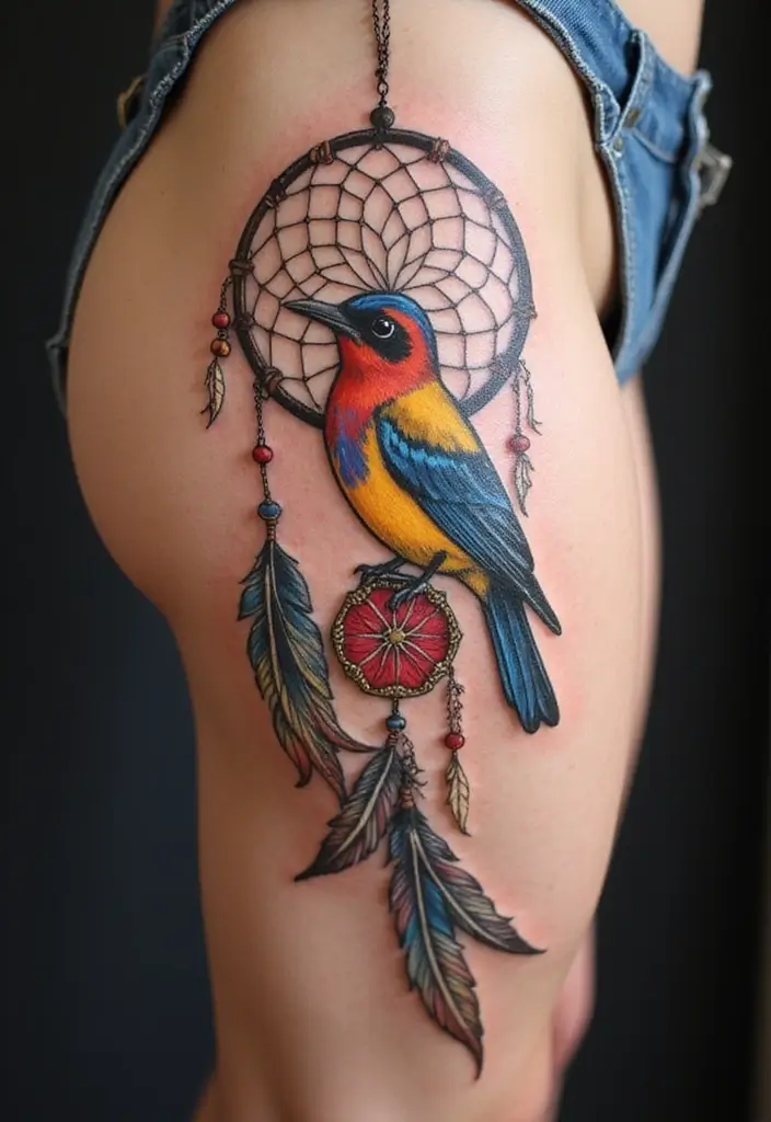 30 Larkspur Tattoo Designs Inspired by Birth Flowers - 17. Larkspur and Dreamcatcher