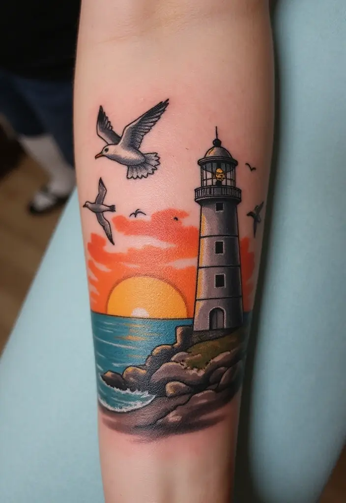 30 Lighthouse Forearm Tattoo Ideas That Guide the Way - 17. Lighthouse with Seagulls