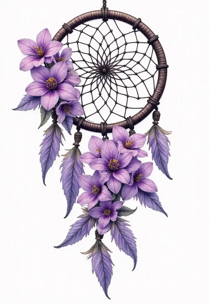30 Lilac Flower Tattoo Designs with Gentle Symbolism - 17. Lilac with a Dreamcatcher