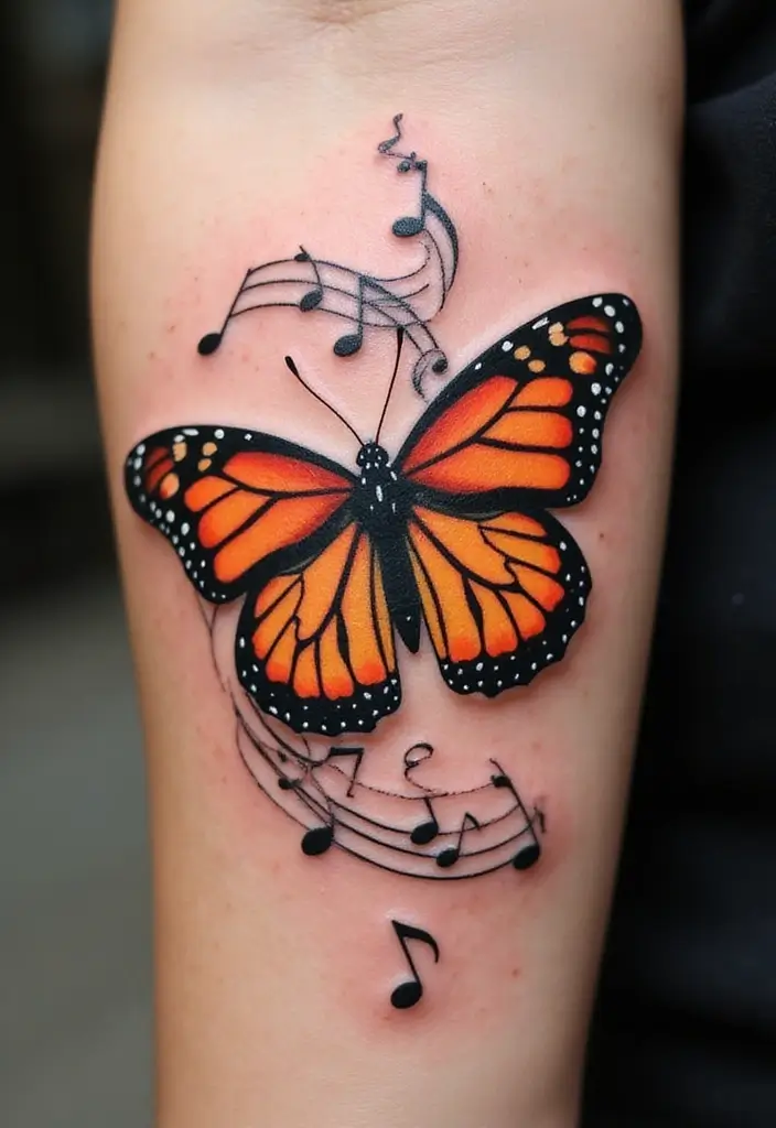 30 Monarch Butterfly Tattoo Designs with Deep Symbolism - 17. Monarch Butterfly and Music Notes