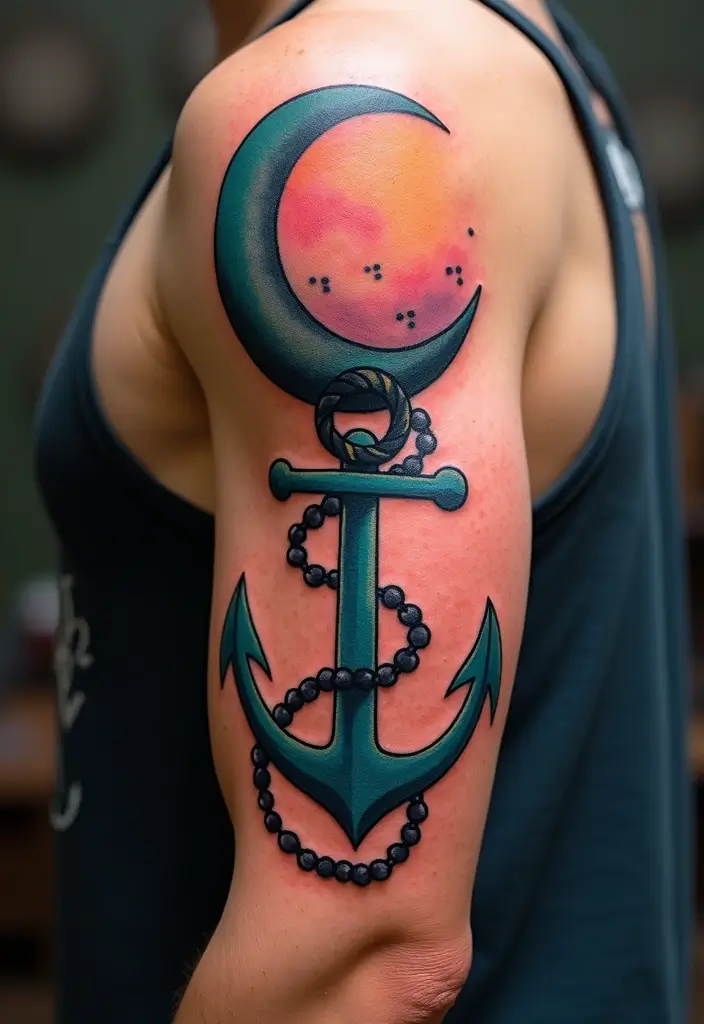30 Moon Tattoos for Men That Radiate Power and Mystery - 17. Moon and Anchor Tattoo