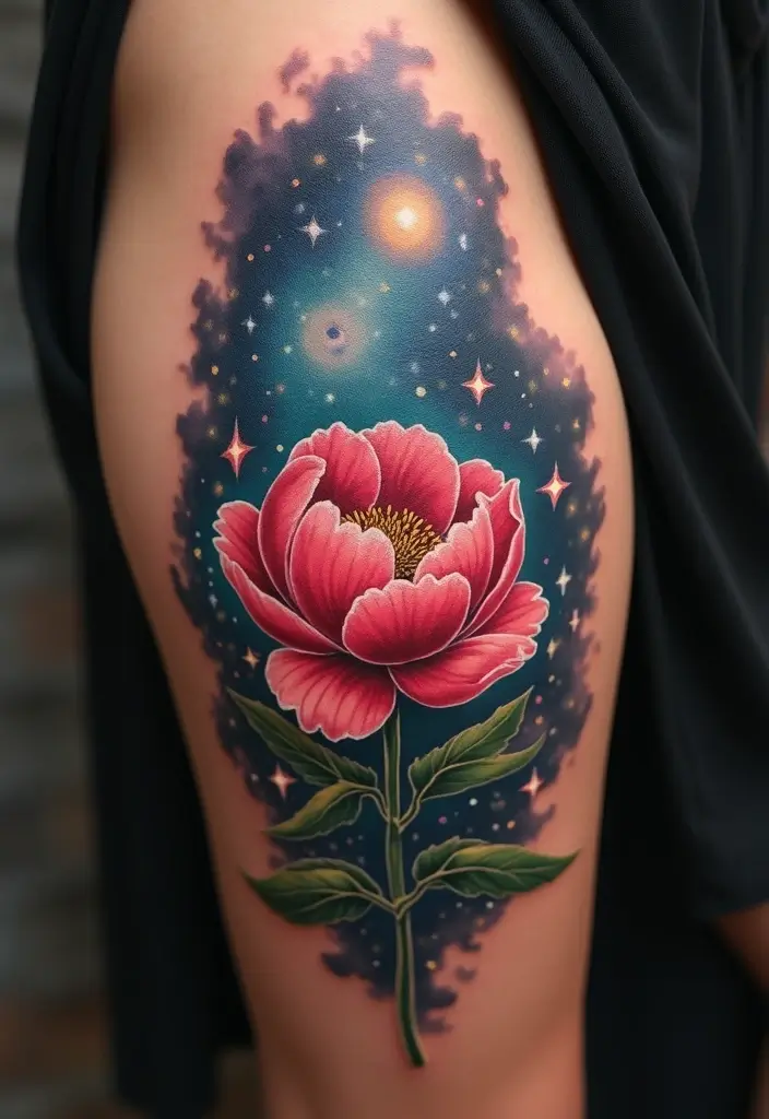 30 Peony Tattoo Ideas with Meaning and Elegance - 17. Peony and Starry Night