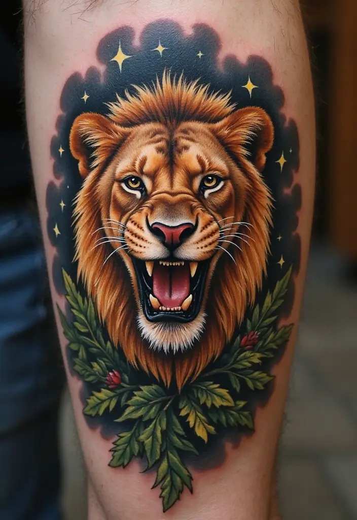 30 Roar Lion Tattoo Inspirations That Show Strength - 17. Lion surrounded by Nature: Strength of the Wild