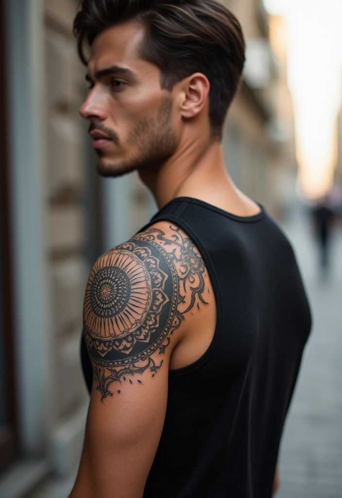 30 Shoulder Tattoos for Men with Meaningful Designs - 17. Mandala: Wholeness and Unity