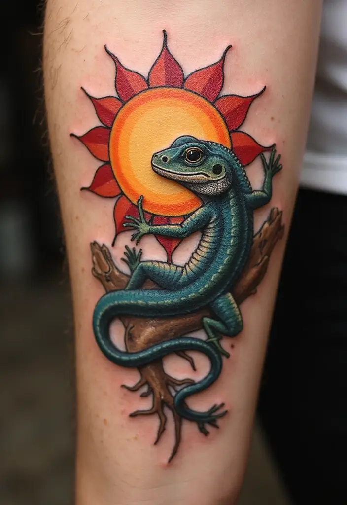 30 Small Lizard Tattoo Designs That Look Unique - 17. Lizard and Sun
