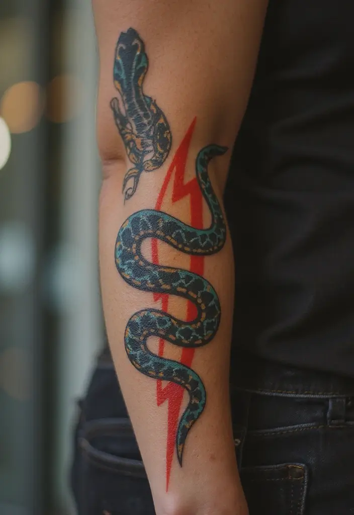 30 Snake Body Tattoo Designs That Look Striking - 17. Snake with Lightning Bolt