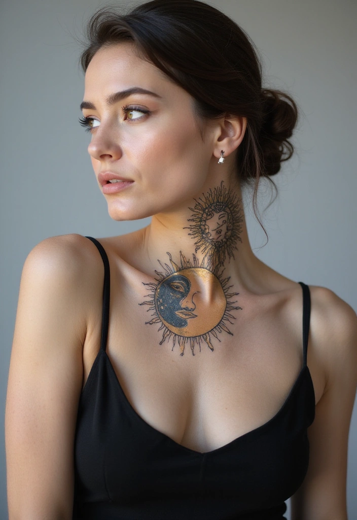 30 Spiritual Neck Tattoos with Deep Symbolism - 17. The Sun and Moon
