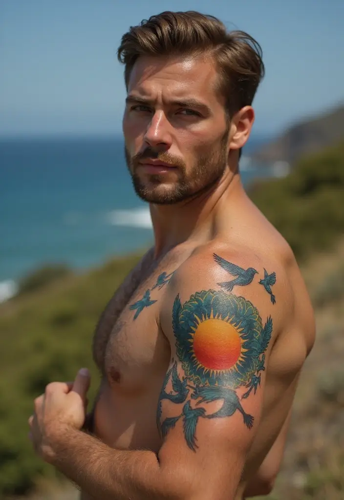 30 Sun Tattoo Men Ideas for Radiant Energy - 17. Sun and Bird Tattoo