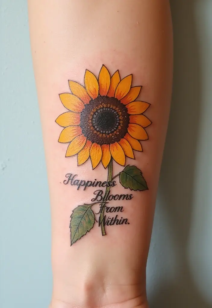 30 Sunflower and Quote Tattoo Ideas Full of Positivity - 17. Sunflower with 'Happiness Blooms From Within'