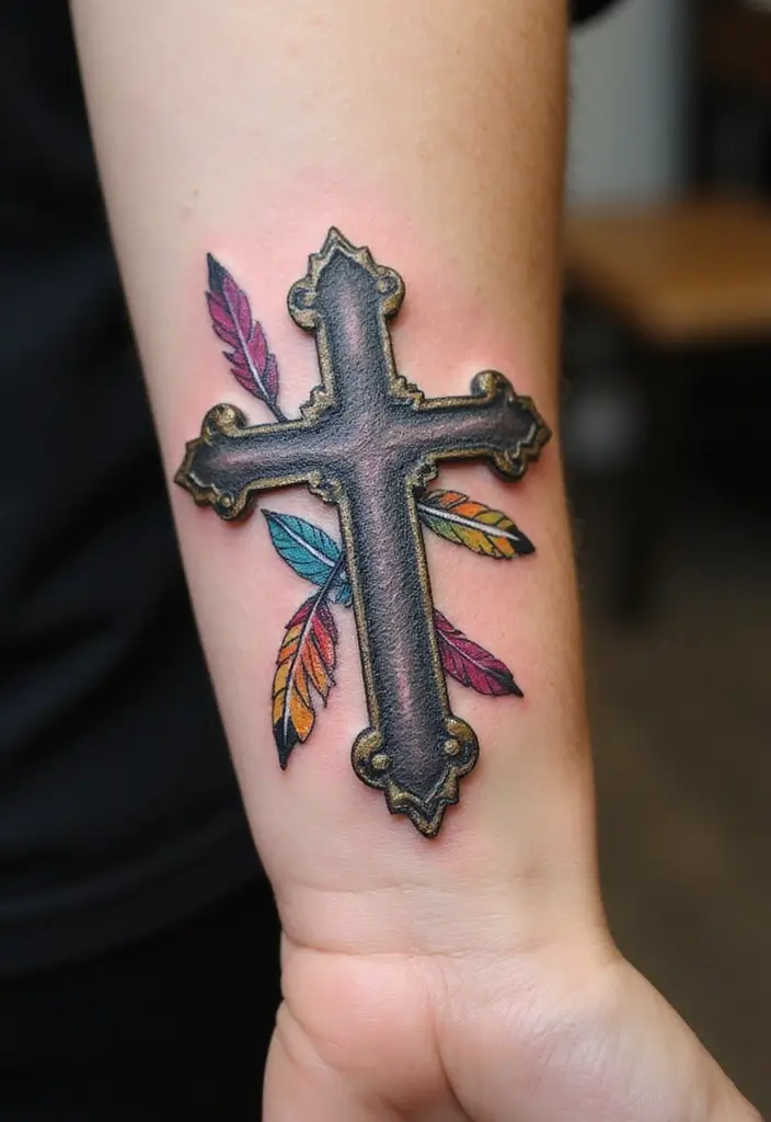 30 Tattoo Cross 3D Designs That Look Realistic - 17. Cross with a Feather