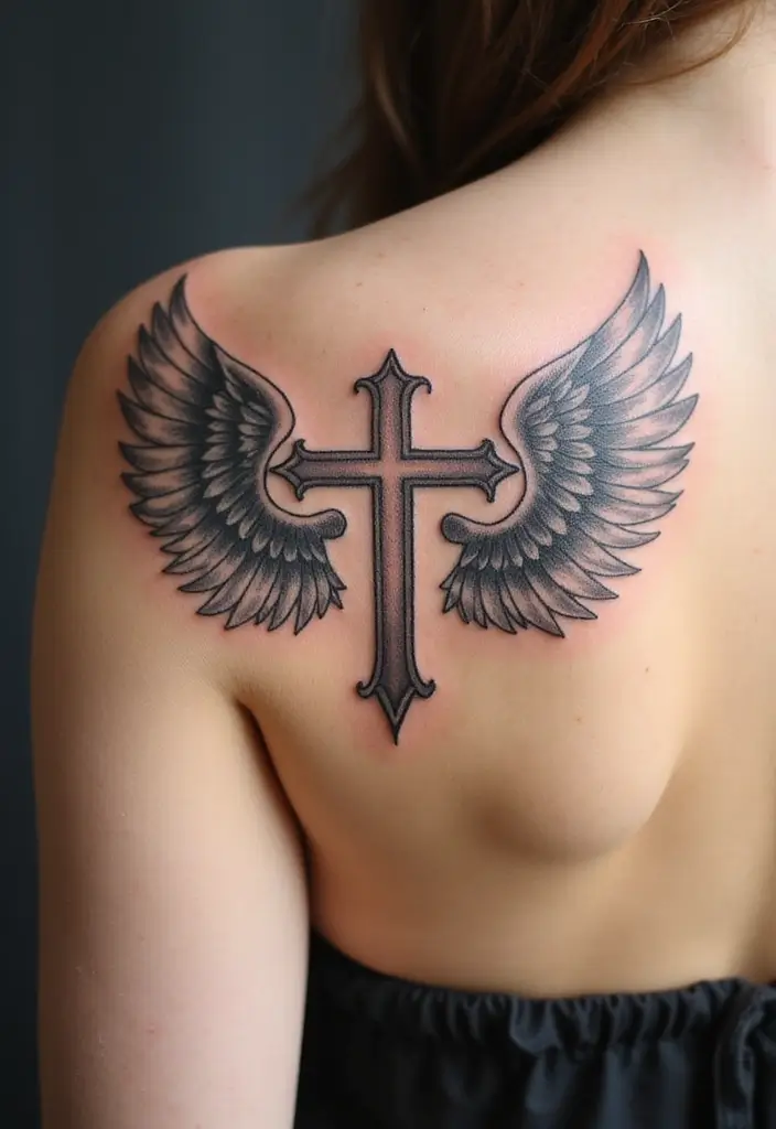 30 Shoulder Wing Tattoo Ideas with Angelic Inspiration - 17. Angel Wings with a Cross