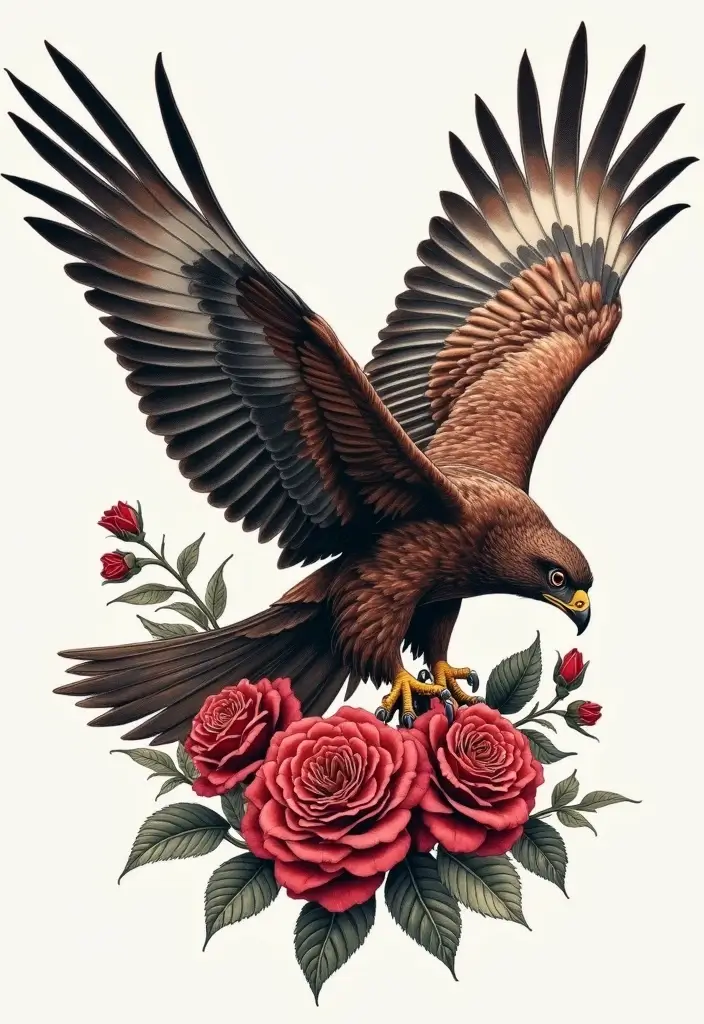 30 Hawk Tattoo Designs That Represent Vision and Strength - 17. Hawk and Roses