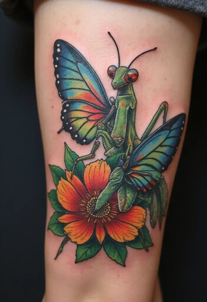 30 Traditional Praying Mantis Tattoo Ideas You’ll Love - 17. Mantis with Butterfly
