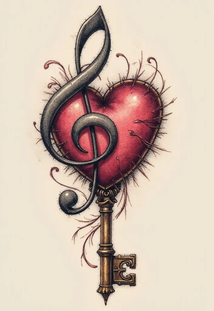 30 Treble Clef and Bass Clef Heart Tattoo Ideas for Music Lovers - 18. Clef Heart with a Key