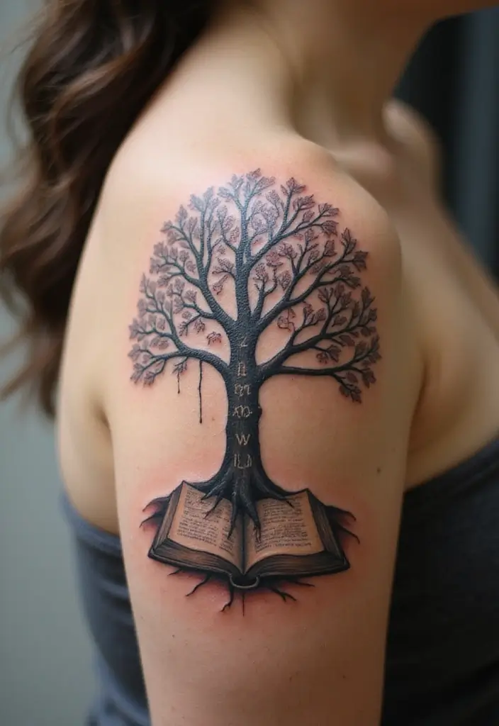 30 Tree on Shoulder Tattoo Ideas That Look Stunning - 17. Spiritual Tree of Knowledge