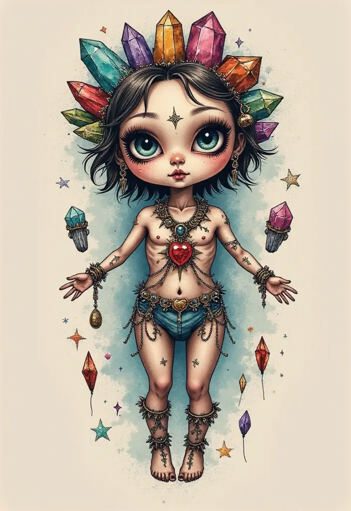 30 Voodoo Doll Tattoos with Dark and Mysterious Designs - 17. Voodoo Doll with Crystals