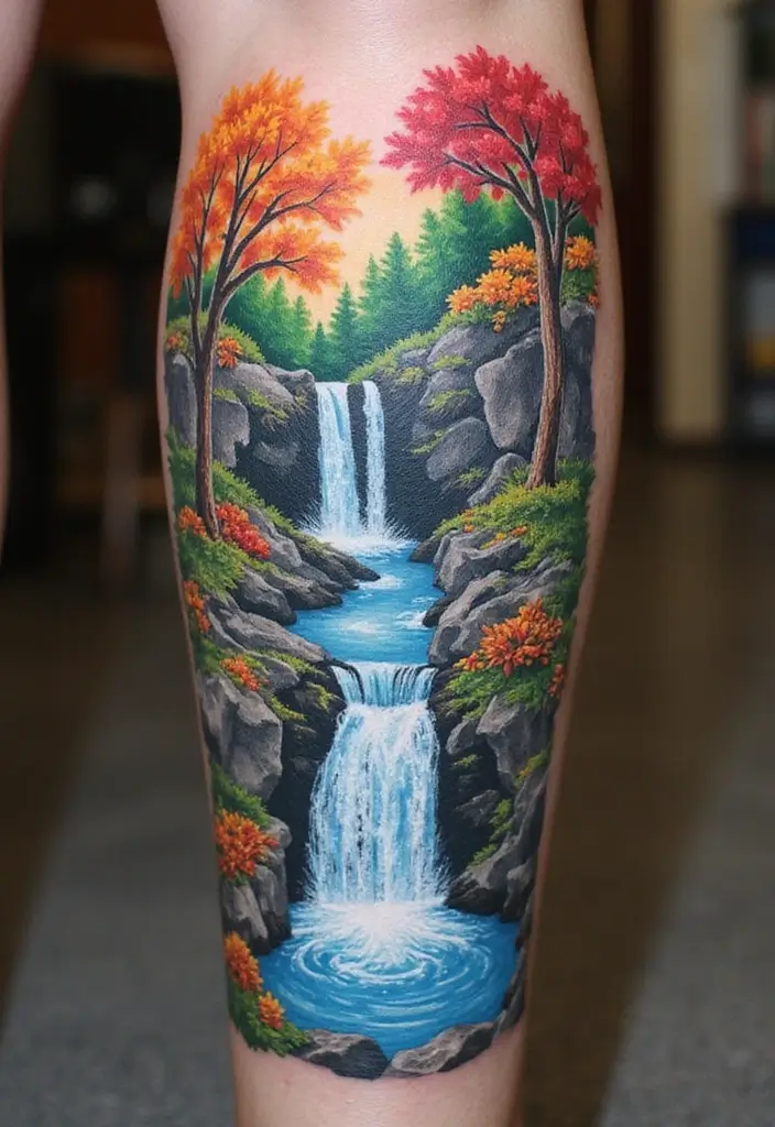 30 Waterfall Tattoos That Flow with Beauty - 17. Seasonal Waterfalls