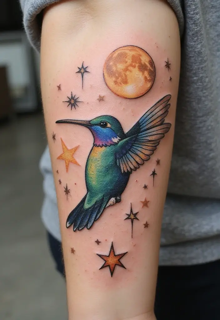 30 3D Hummingbird Tattoos That Feel Lifelike - 18. The Celestial Hummingbird