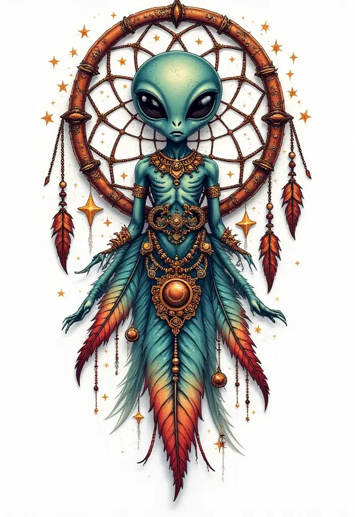 30 Alien Tattoo Meaning and Out-of-This-World Designs - 18. The Alien Dreamcatcher