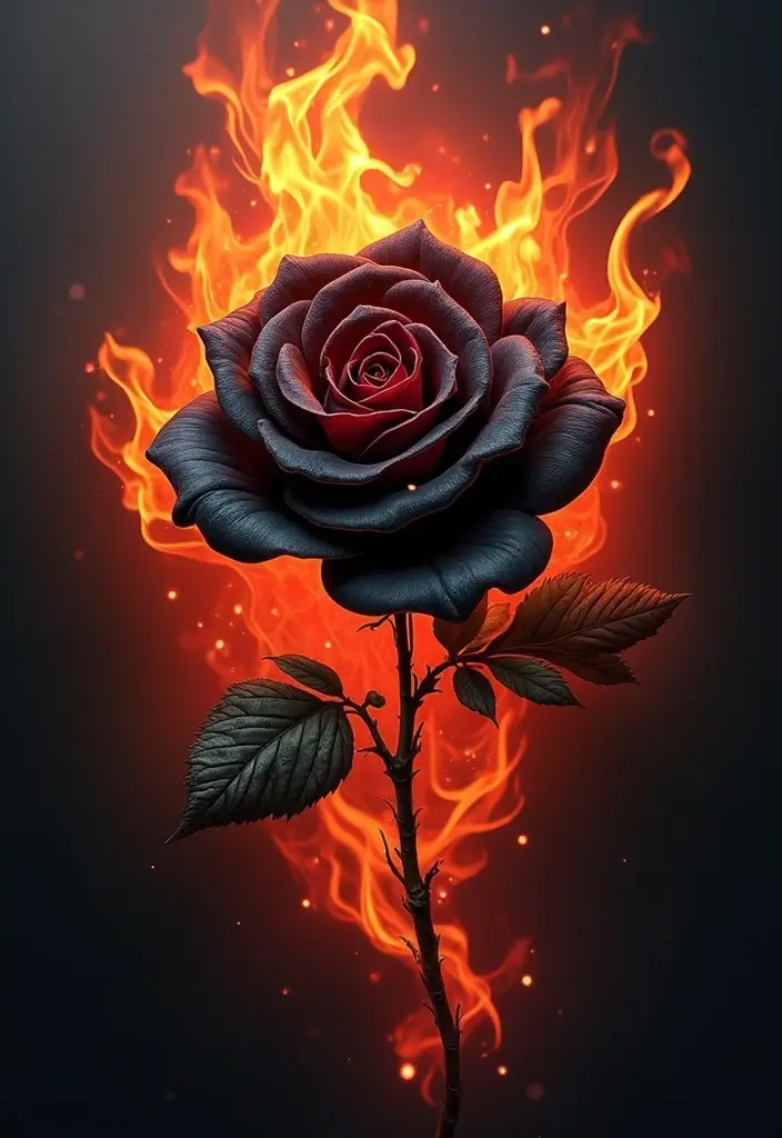30 Black Rose Tattoo Meaning and Design Inspirations - 18. Black Rose with Fire Elements