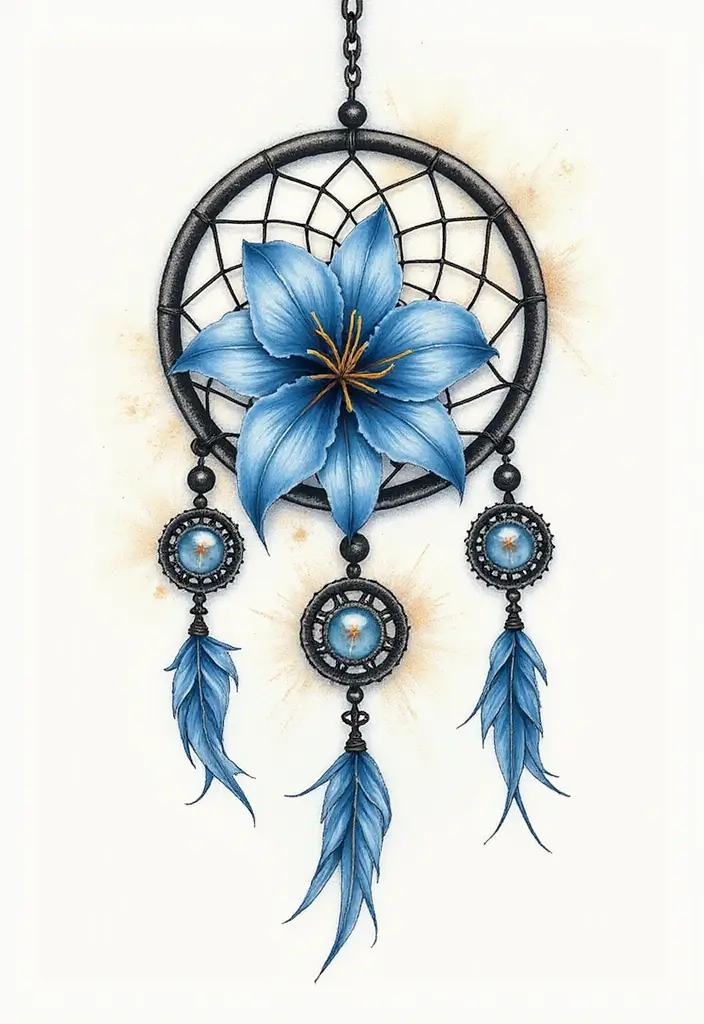 30 Blue Lily Tattoo Designs That Look Elegant - 18. Blue Lily in Dreamcatcher