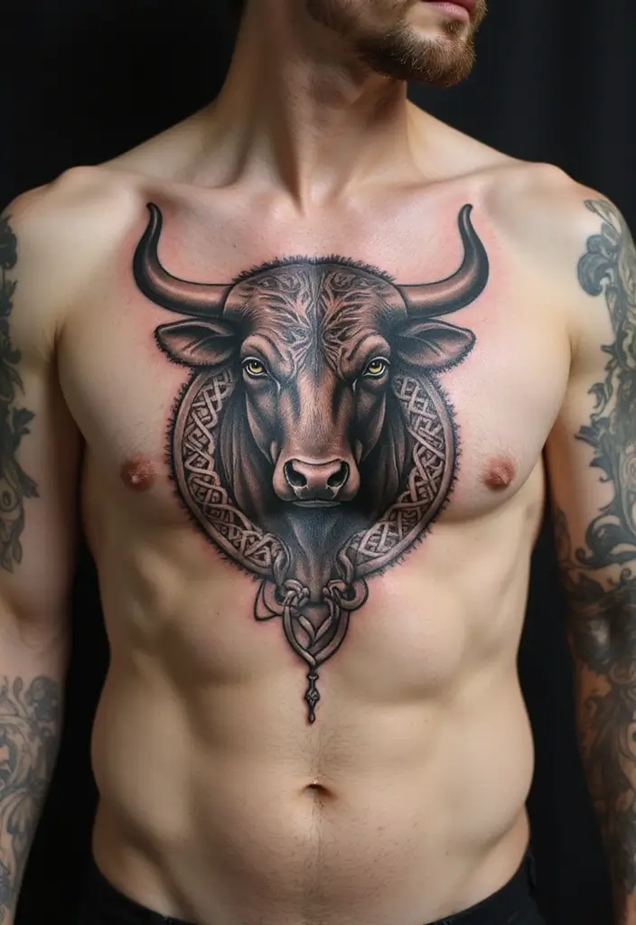 30 Bull Tattoo Chest Ideas Full of Strength - 18. Bull with Celtic Knots