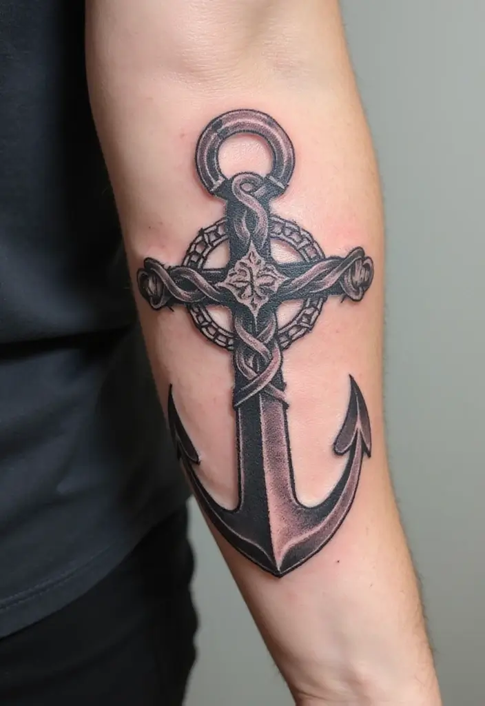 30 Celtic Cross Tattoos with Deep Spiritual Significance - 18. Celtic Cross and Anchor