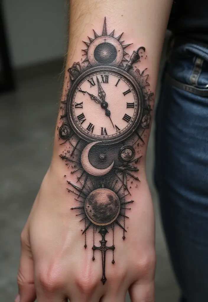 30 Clock Tattoo on Hand Ideas That Stand the Test of Time - 18. Celestial Clock