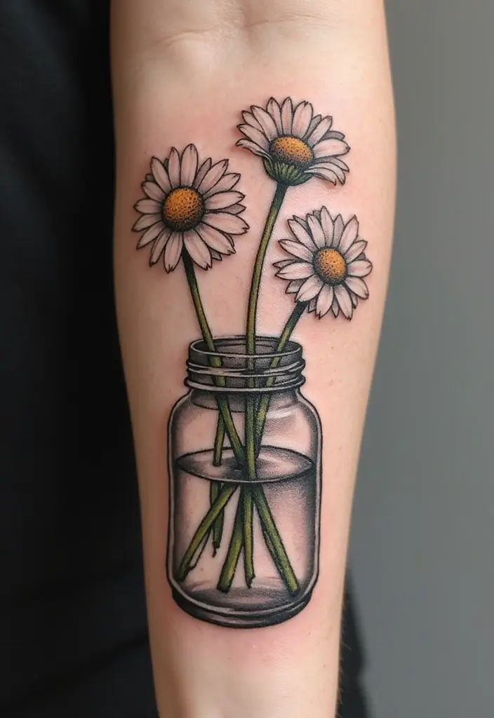 30 Colorful Daisy Tattoo Inspirations Full of Joy - 18. Daisies in a Jar