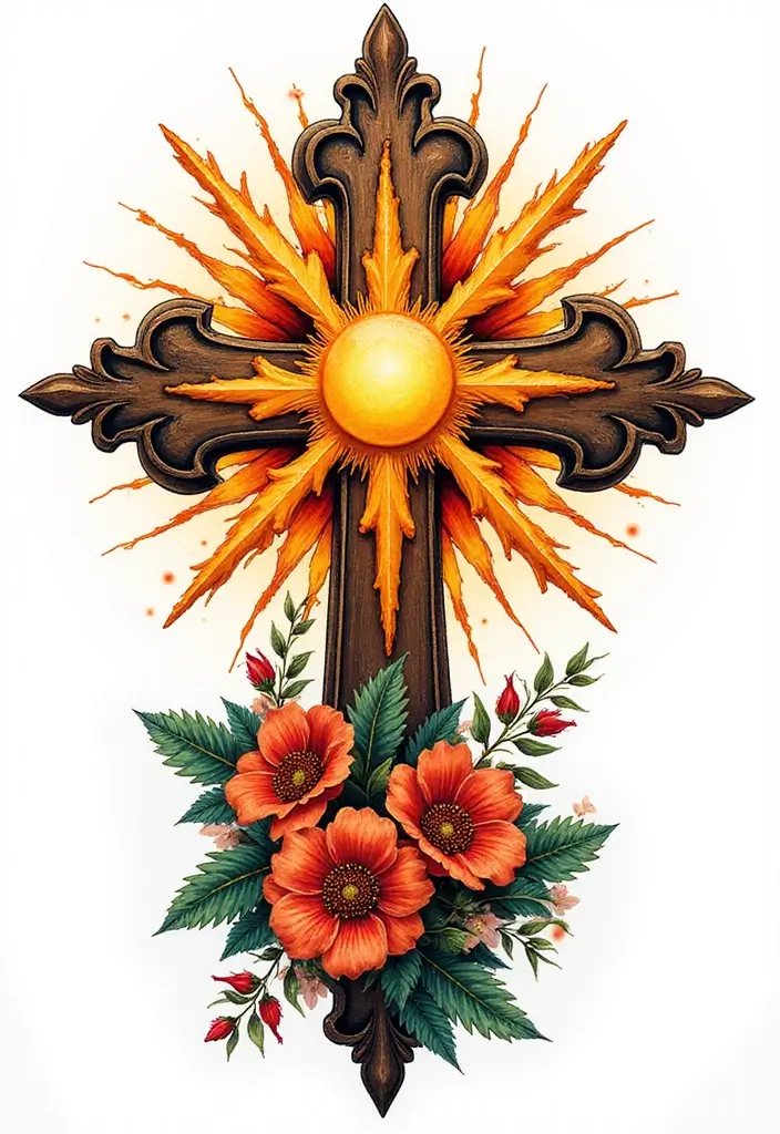 30 Cross with Flowers Tattoo Ideas That Blend Faith and Beauty - 18. Sun and Cross with Flowers