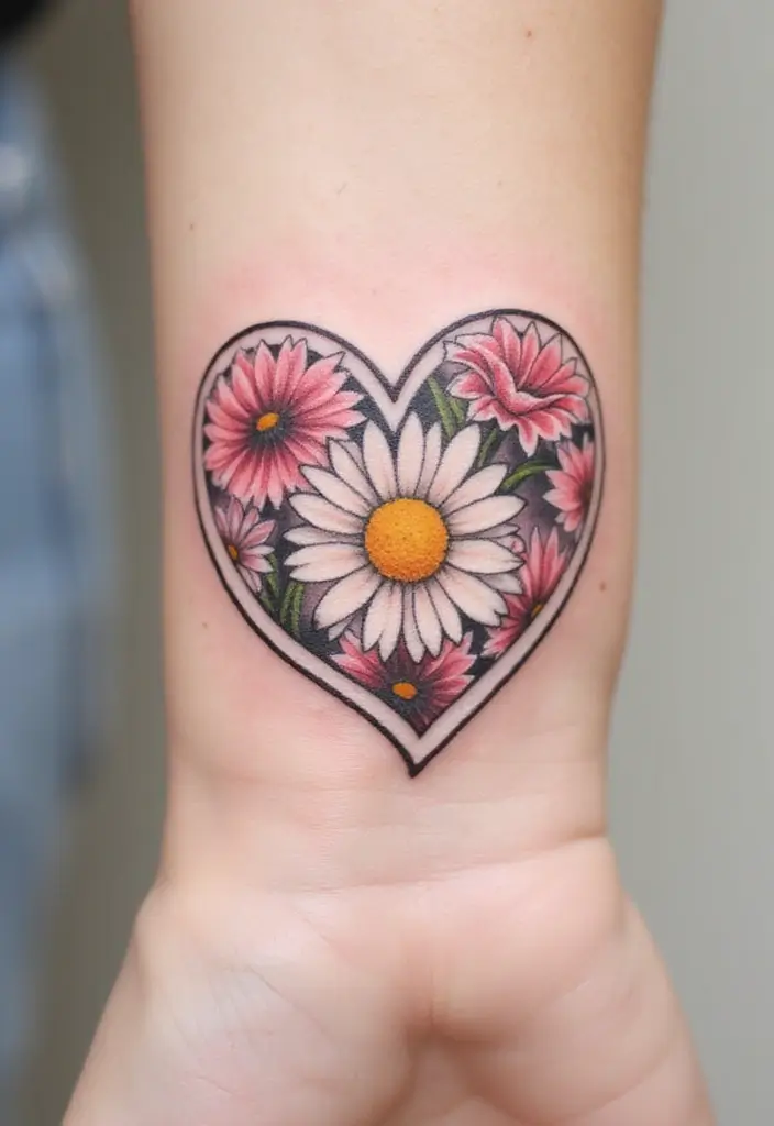 30 Daisy April Birth Flower Tattoo Designs You’ll Love - 18. Daisy in a Heart