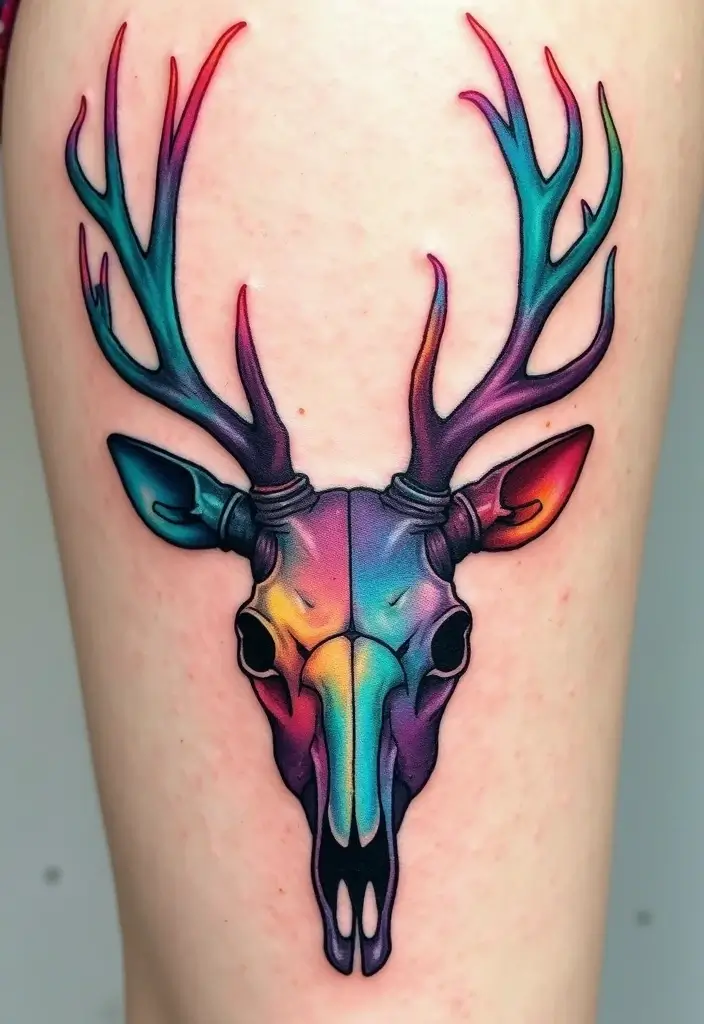 30 Deer Skull Tattoos That Capture Rustic Strength - 18. Creative Color Blends