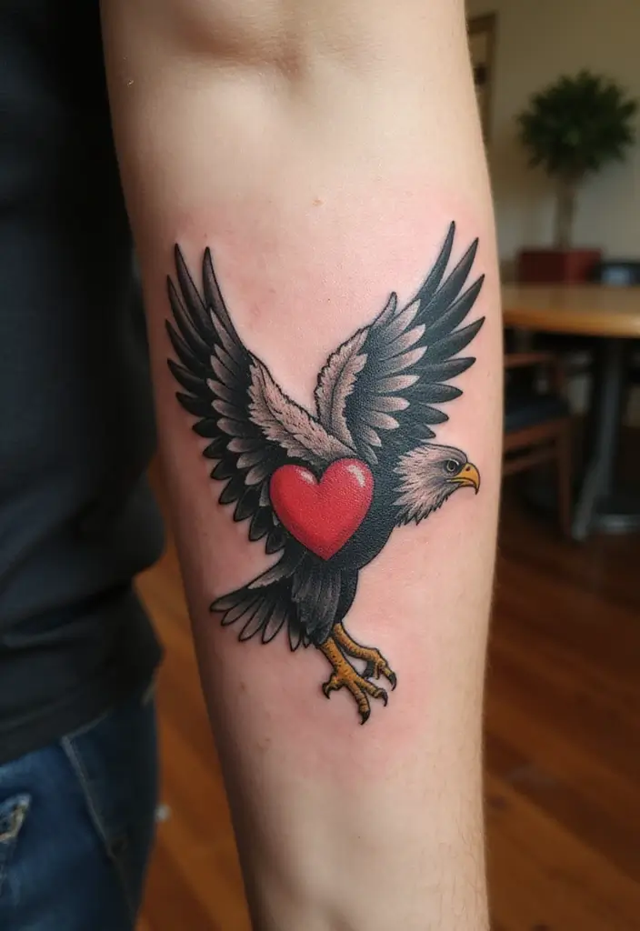 30 Eagle Tattoo Ideas That Represent Power and Courage - 18. Eagle with Heart