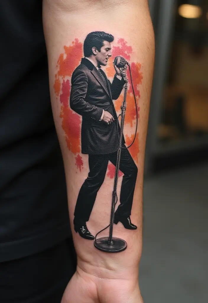30 Elvis Silhouette Tattoo Ideas for Rock Legends - 18. Elvis with a Vintage Microphone